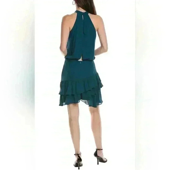 Krisa Halter Asymmetrical Ruffle mini dress Sz XS NWT Green - Picture 2 of 11